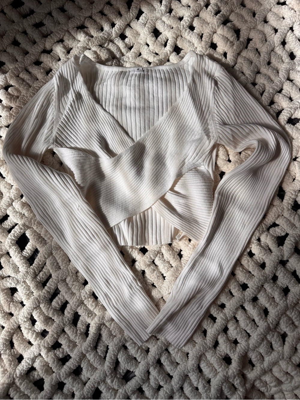 Garage Ribbed Long-Sleeve Wrap Crop Top - Cream